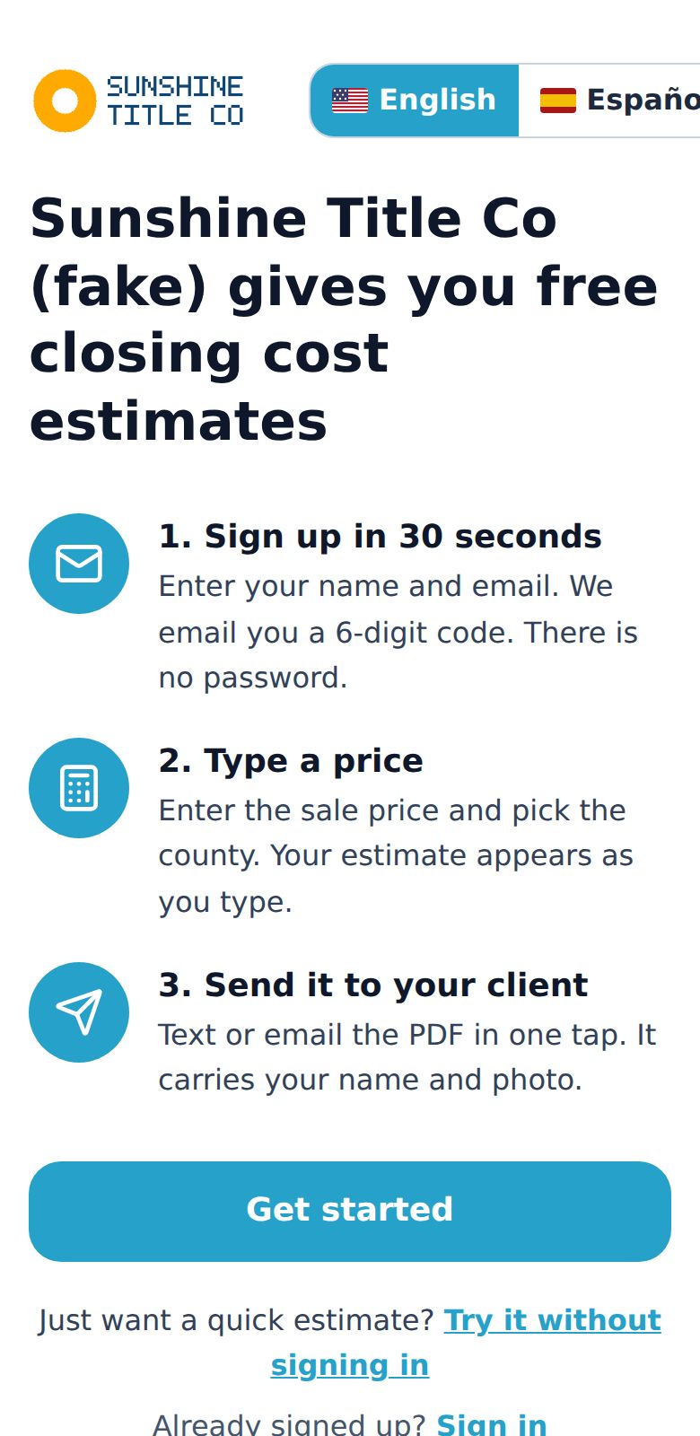 The welcome page with the Get started button