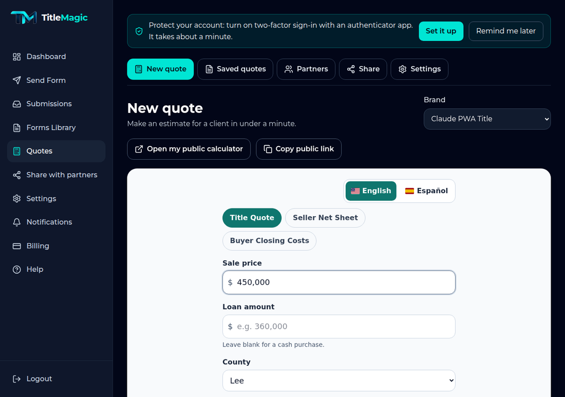 The New quote screen inside the dashboard