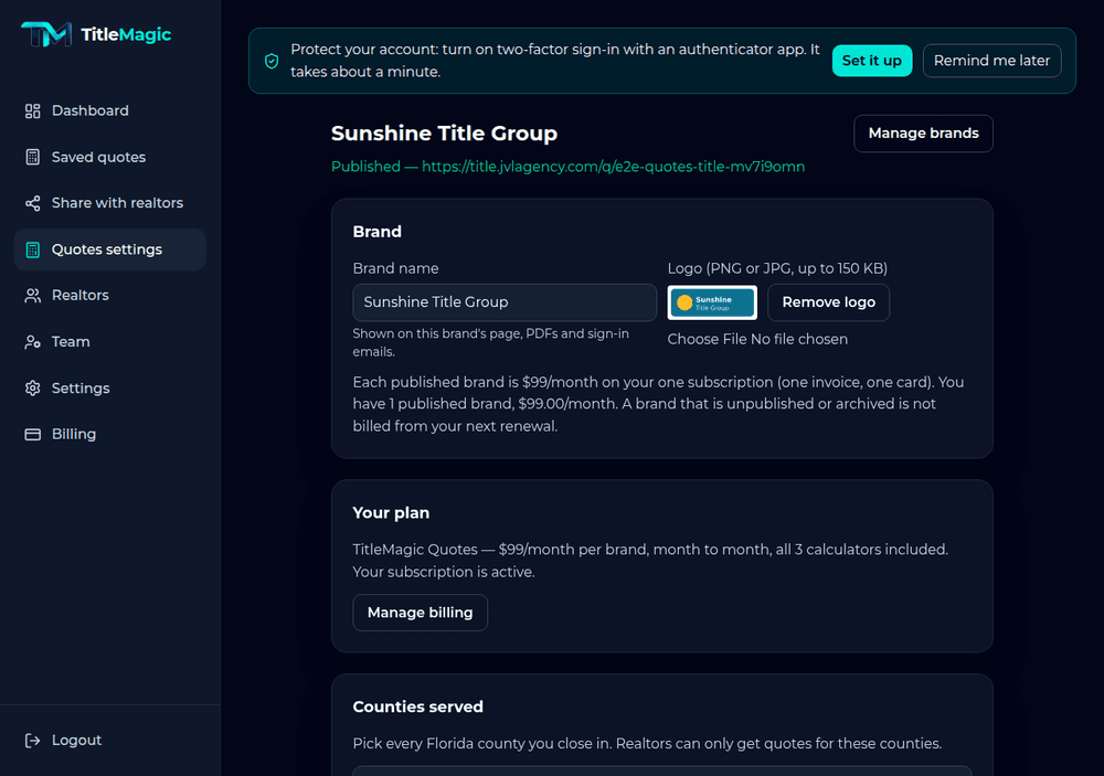Quotes settings with the publish checklist